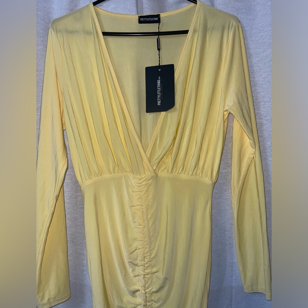 NWT💫 PLT Oriana lemon plunge rushed bodycon dress - Picture 14 of 16